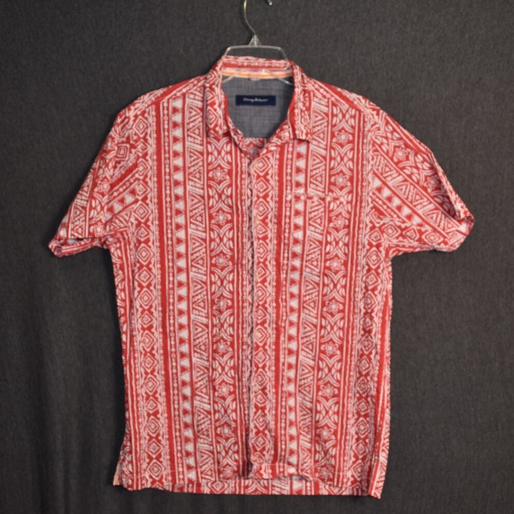 Tommy Bahama Men's Medium Takoda Tiles Geometric Pattern Red Seersucker Shirt